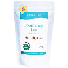 Herb Lore front packaging showing organic pregnancy tea benefits and servings