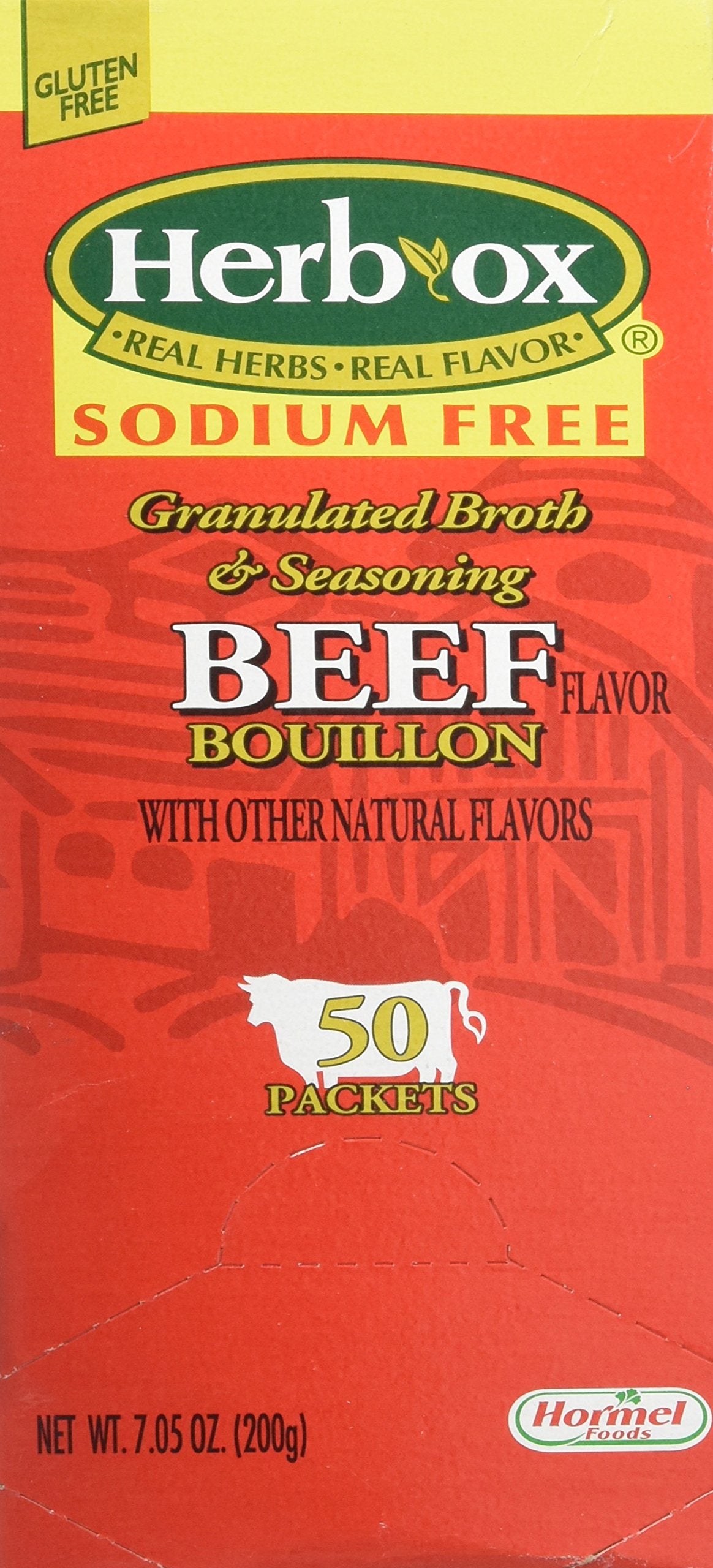 Herb-ox front packaging showing 50 packets and sodium-free label for pantry convenience