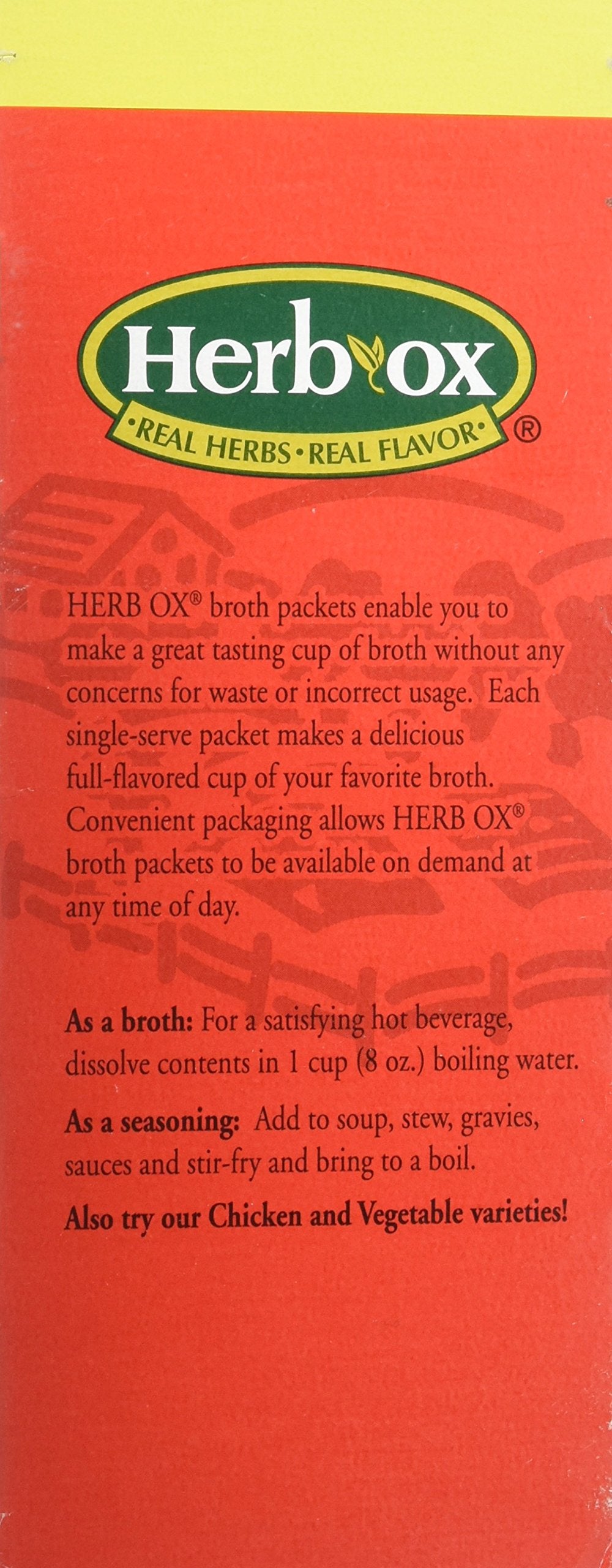 Herb-ox single packet beside a cup of prepared broth illustrating fast, salt-free flavor