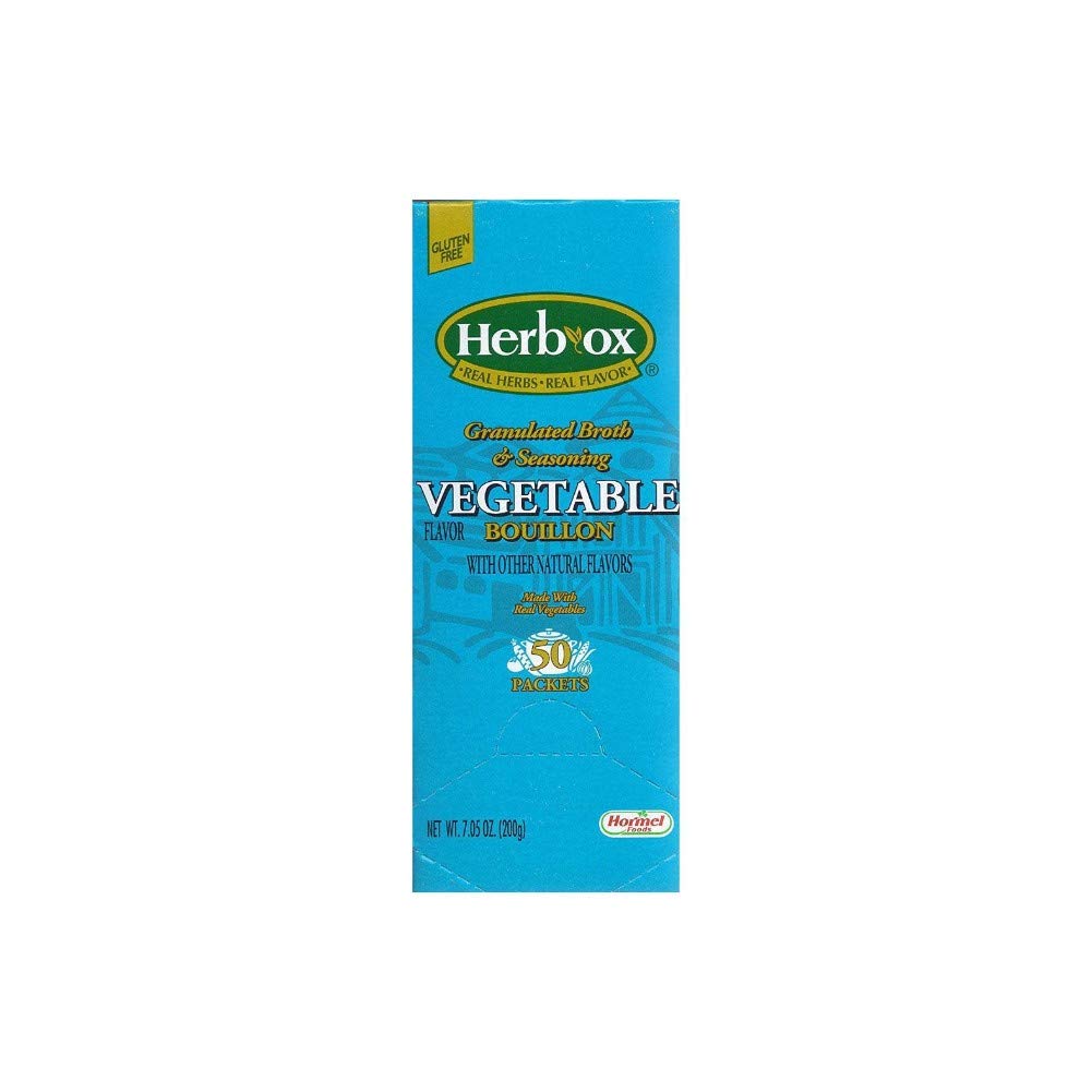 Herb-ox front packaging showing 50 single-serve vegetable bouillon packets for pantry convenience