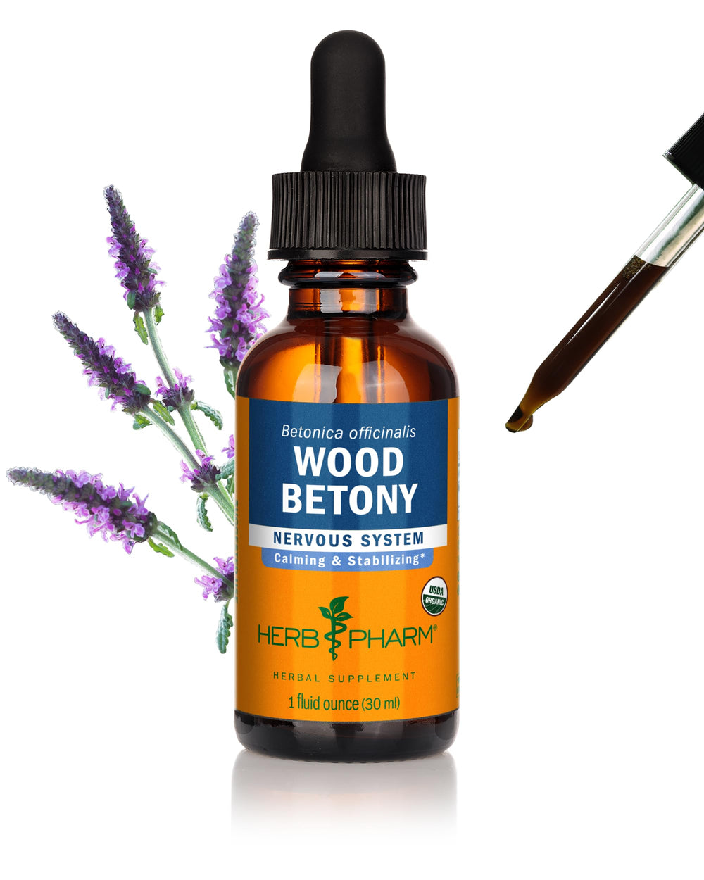 Herb Pharm bottle front label showing product identity and organic certification benefit