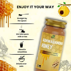 Herb To Body jar open with honey drizzle demonstrating pourability and flavor boost