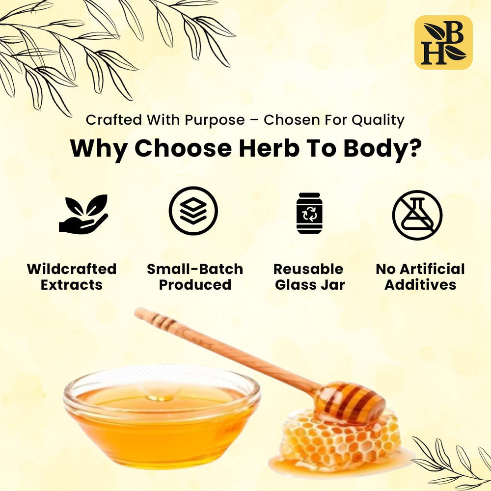 Herb To Body spoon stirring honey into tea showing easy use and warm beverage benefit