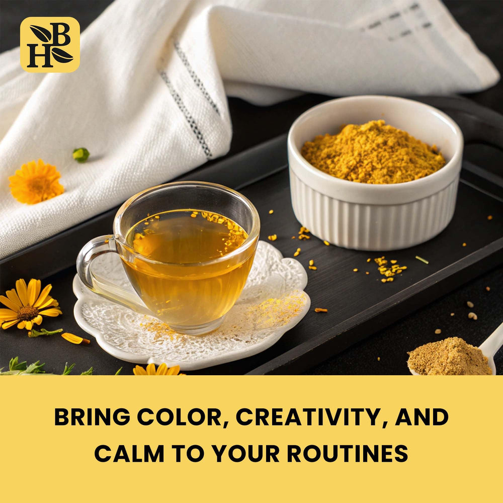 Herb To Body calendula powder beside bath items illustrating relaxing self-care use