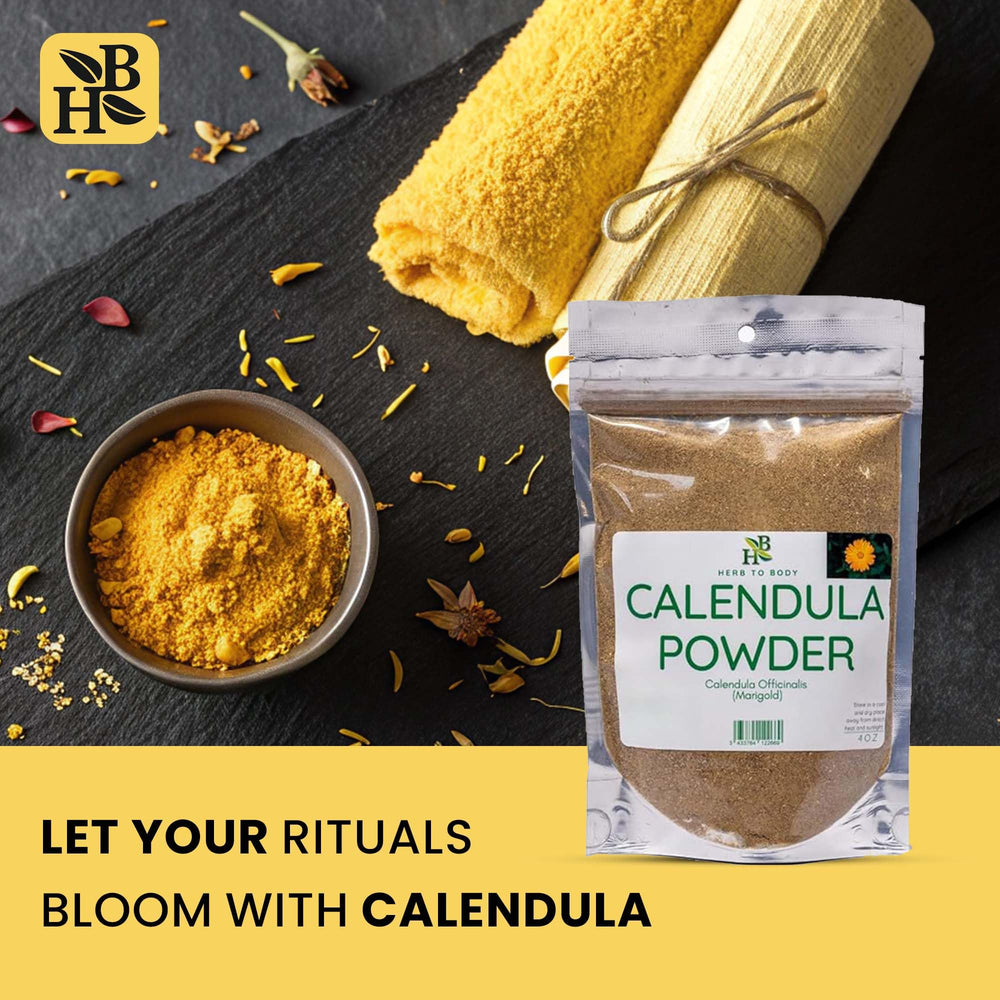 Herb To Body close-up of fine calendula powder texture for easy mixing