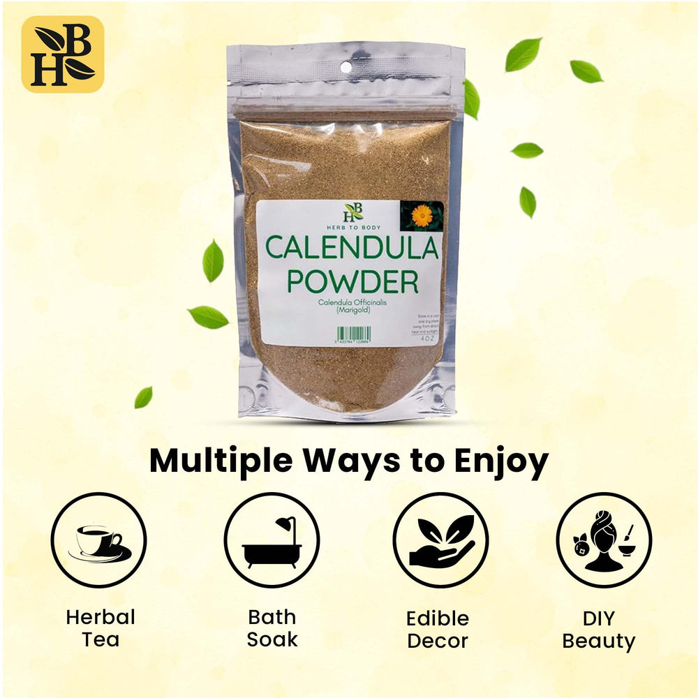 Herb To Body brewed calendula tea cup highlighting soothing beverage use