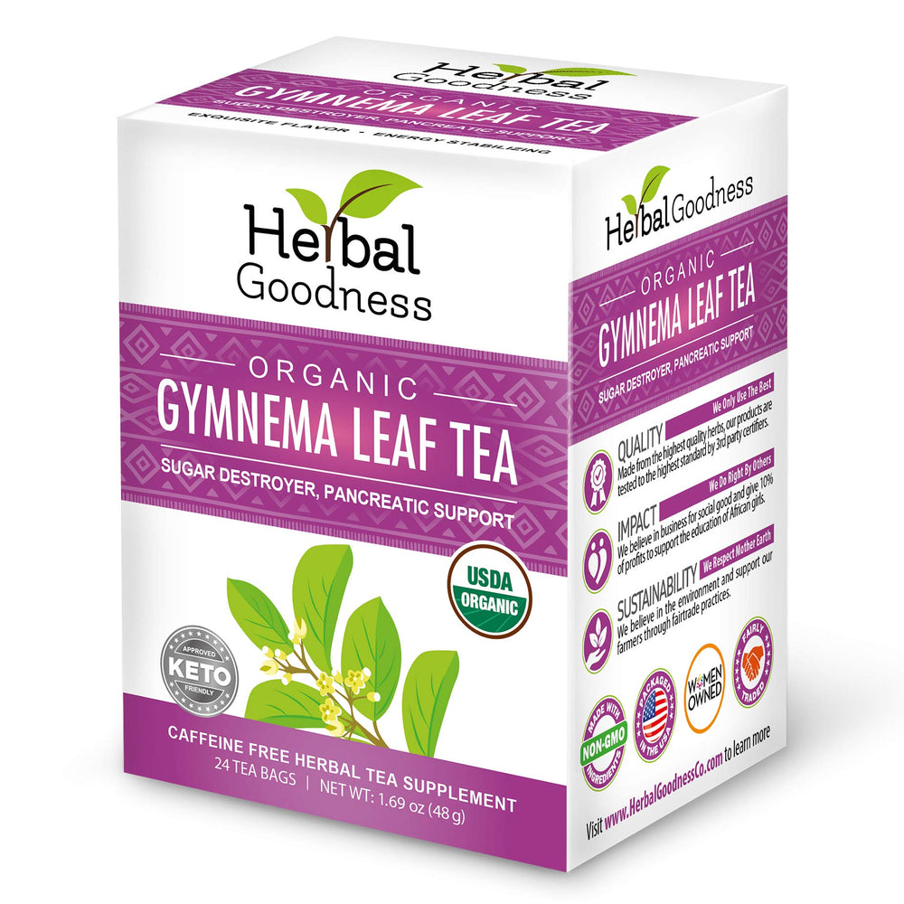 Herbal Goodness front packaging showing organic gymnema tea and quality assurance
