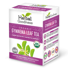 Herbal Goodness front packaging showing organic gymnema tea and quality assurance