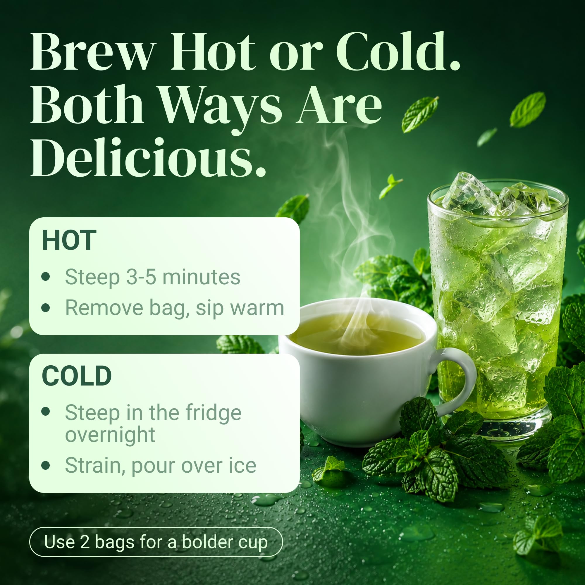 Herbal Hermit tea bag beside ruler showing 1.5g sachet size and travel convenience
