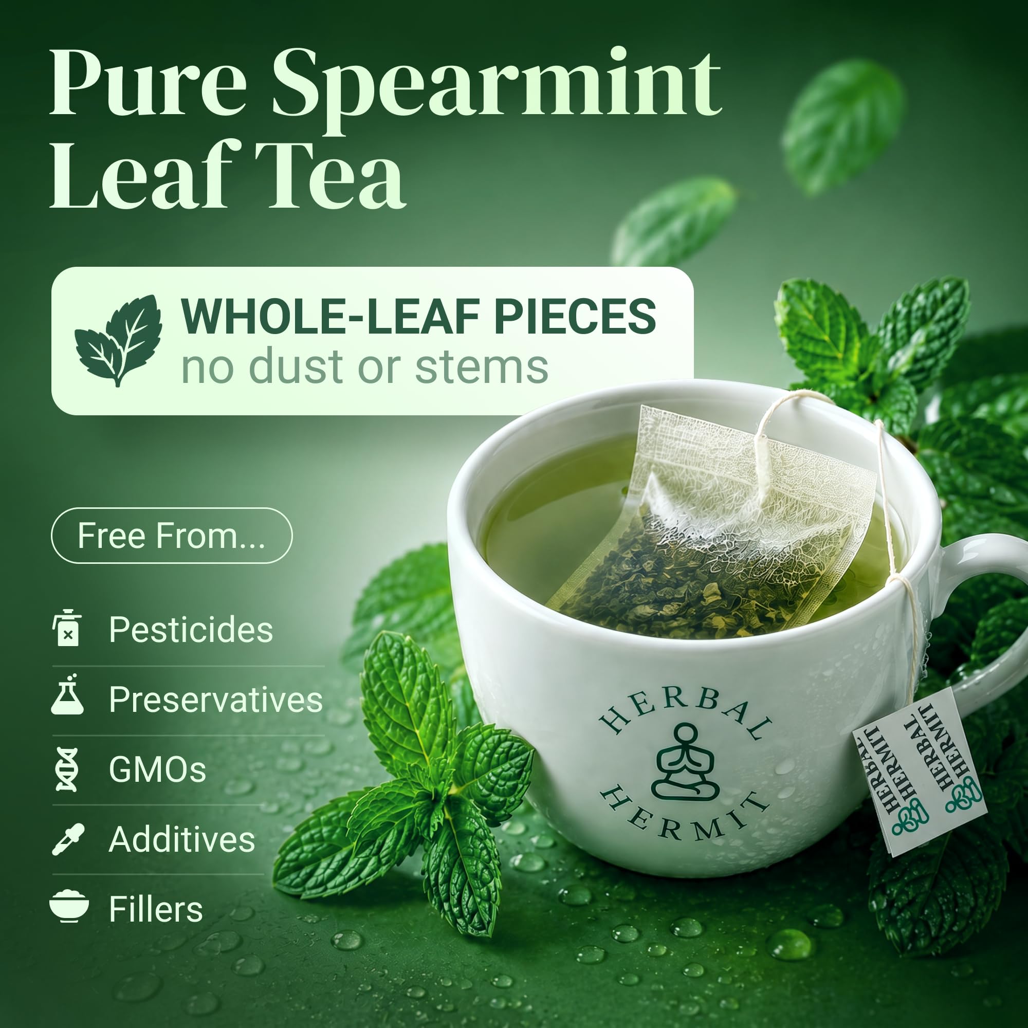 Herbal Hermit tea bag close-up revealing pure spearmint leaves and easy steeping