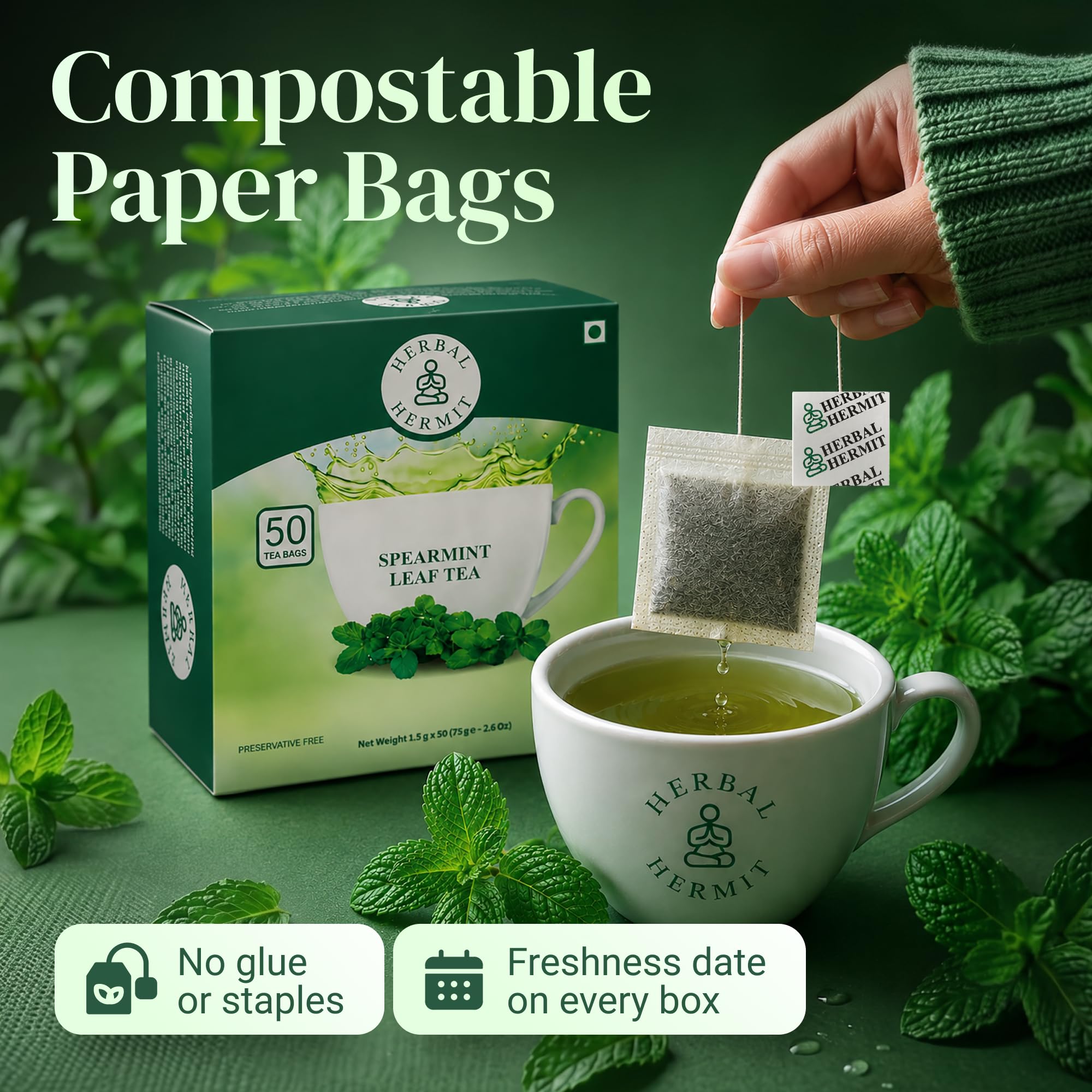 Herbal Hermit brewed spearmint tea in cup illustrating calming, caffeine-free sip