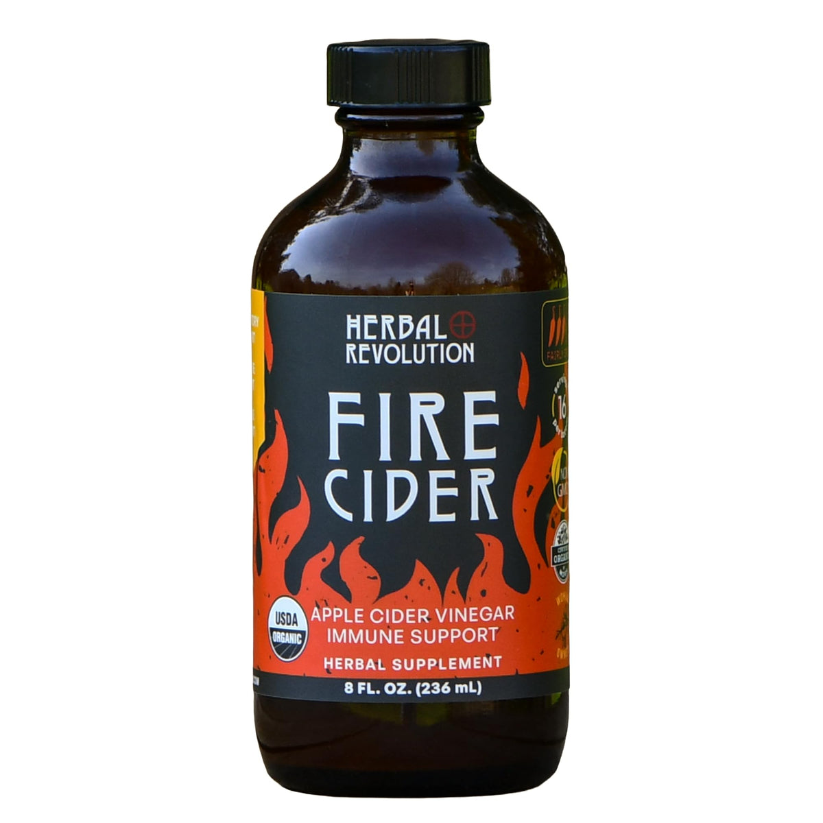 Herbal Revolution front bottle view showing organic fire cider and clear branding