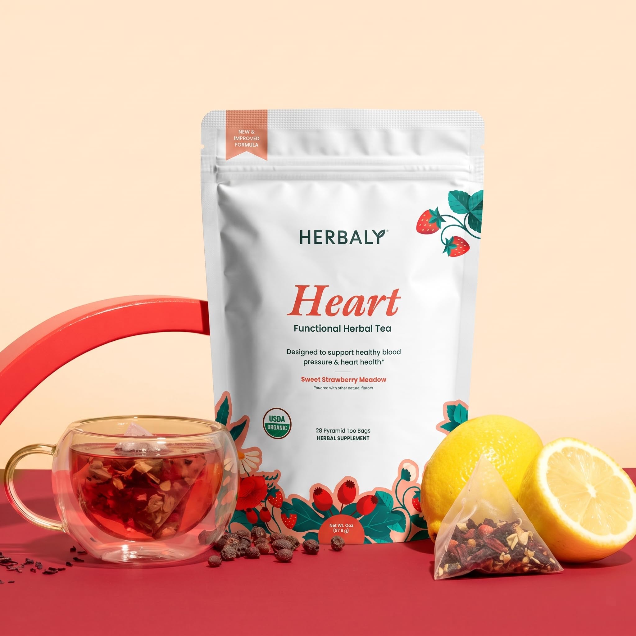 Herbaly Wellness Collection tea bag beside a ruler showing size and generous herb content