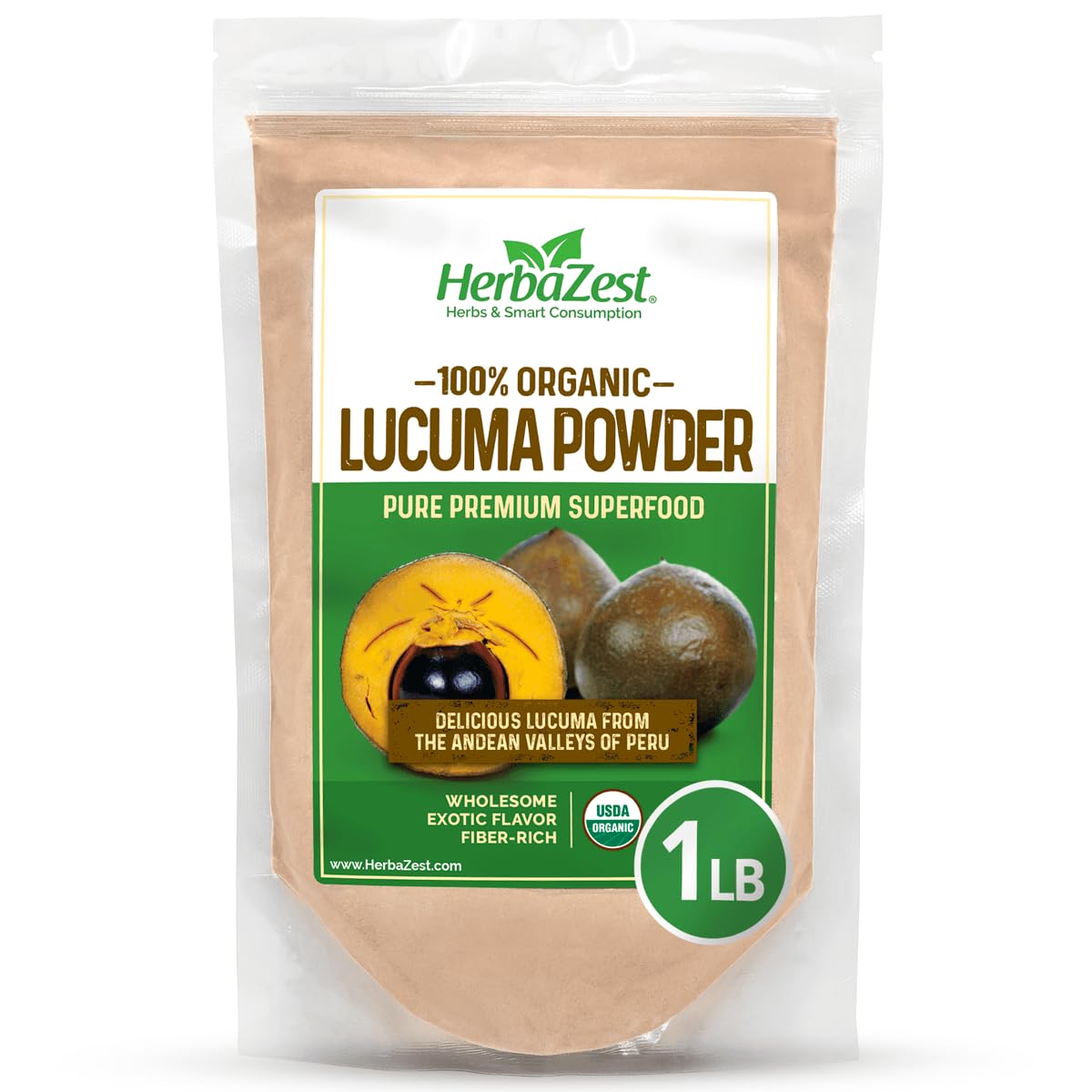 HerbaZest front packaging showing organic lucuma powder for pantry convenience