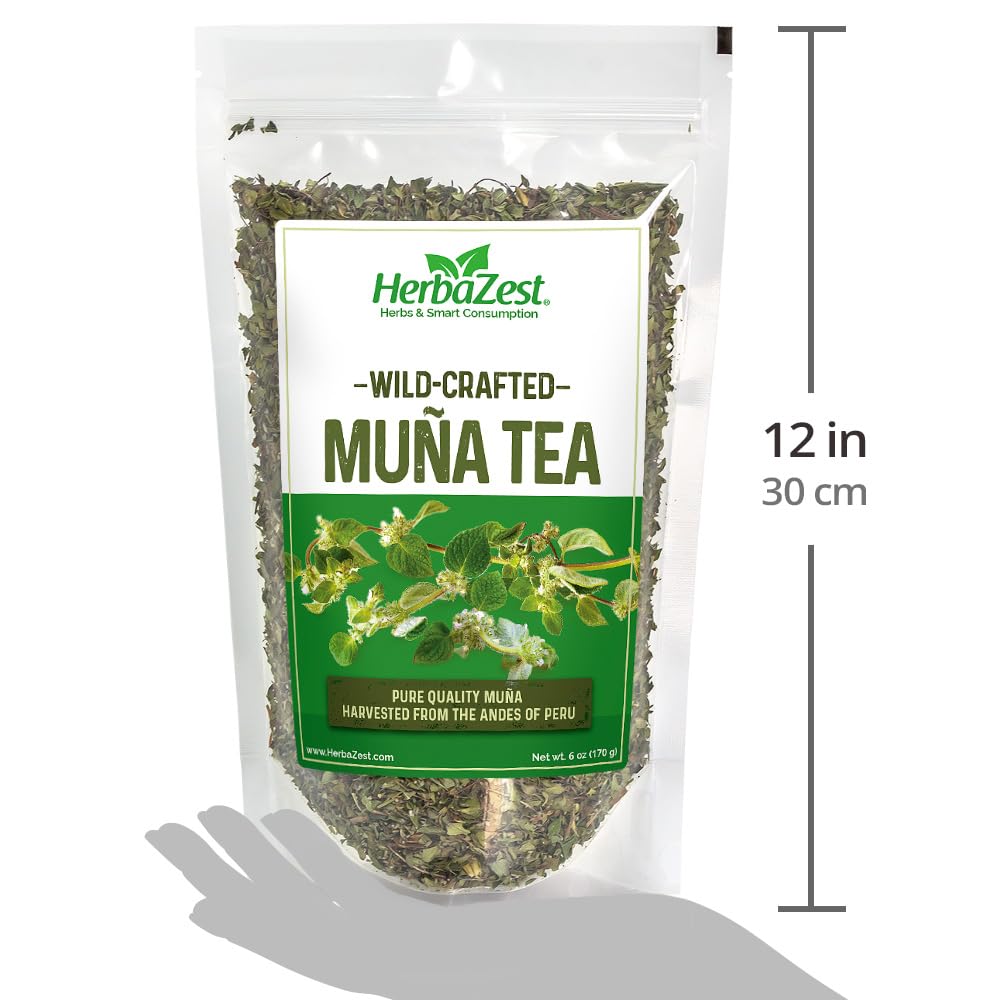 Serving muña tea in a kitchen with HerbaZest package visible, comforting ritual