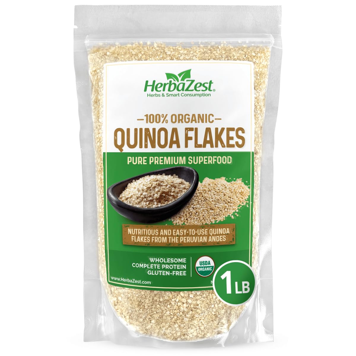 HerbaZest front packaging showing organic 1 lb bag and benefits