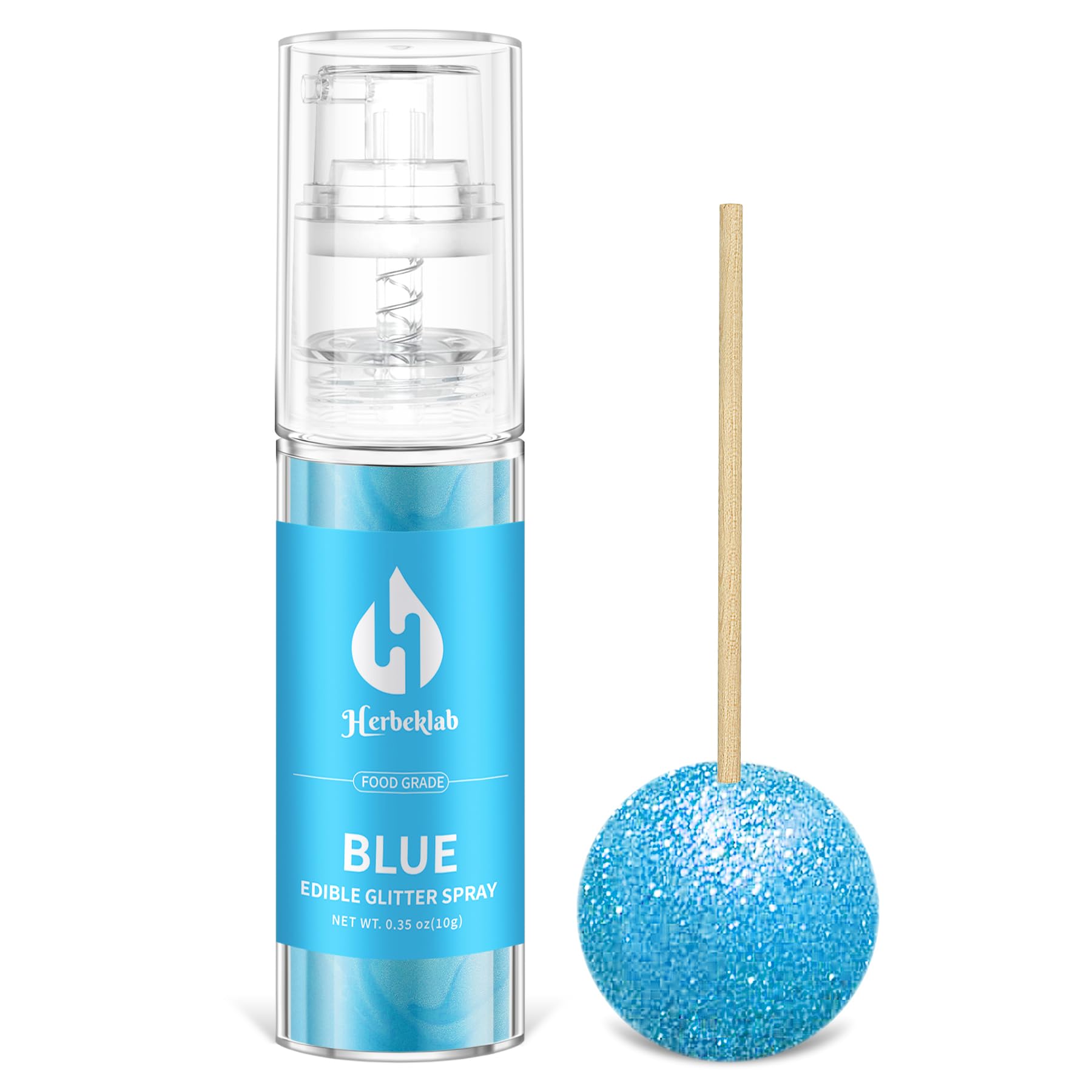 Herbeklab blue glitter front packaging showing compact 10g pump and brand
