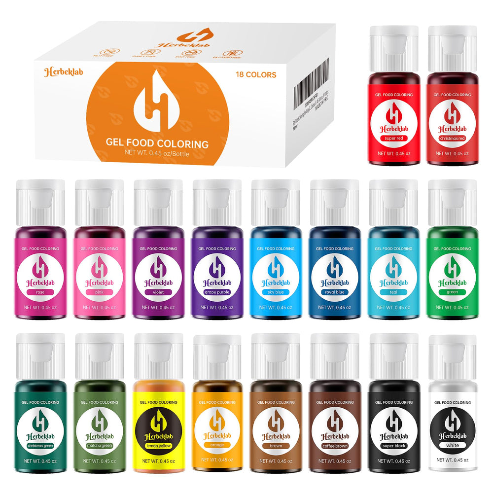 Herbeklab front packaging showing all 18 color bottles and benefits