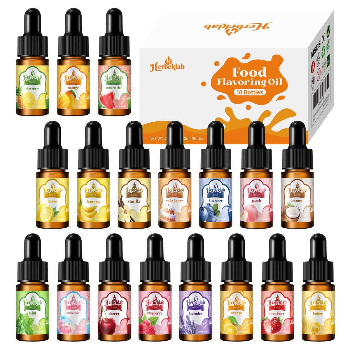 Herbeklab front packaging showing full 18-flavor set and tidy display benefit