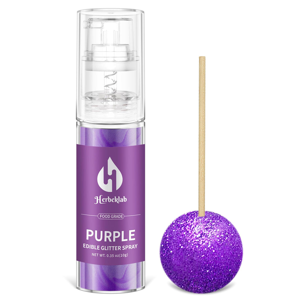 Herbeklab purple edible glitter spray bottle front view shows label and compact design