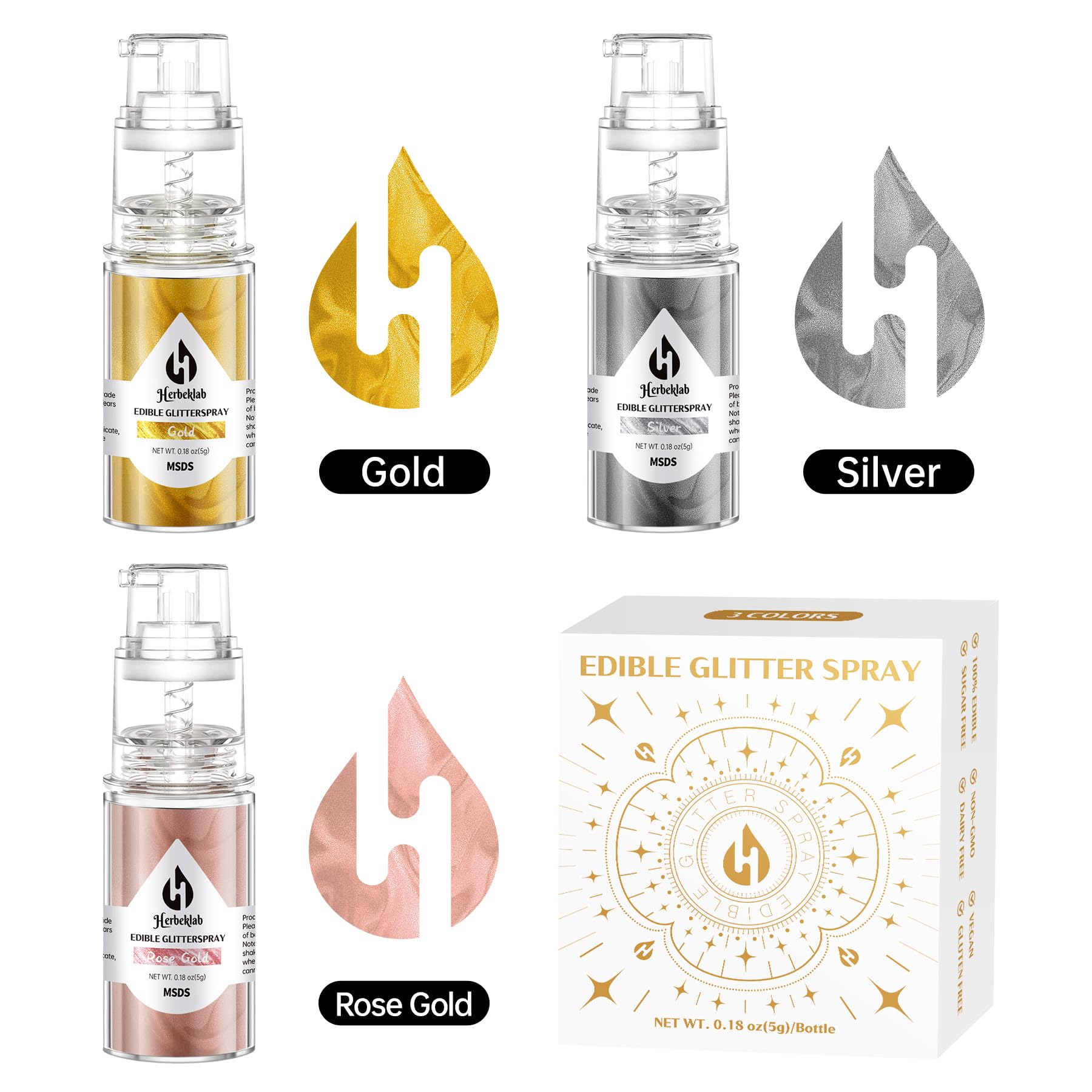 Herbeklab three-color set displaying gold silver and rose gold options