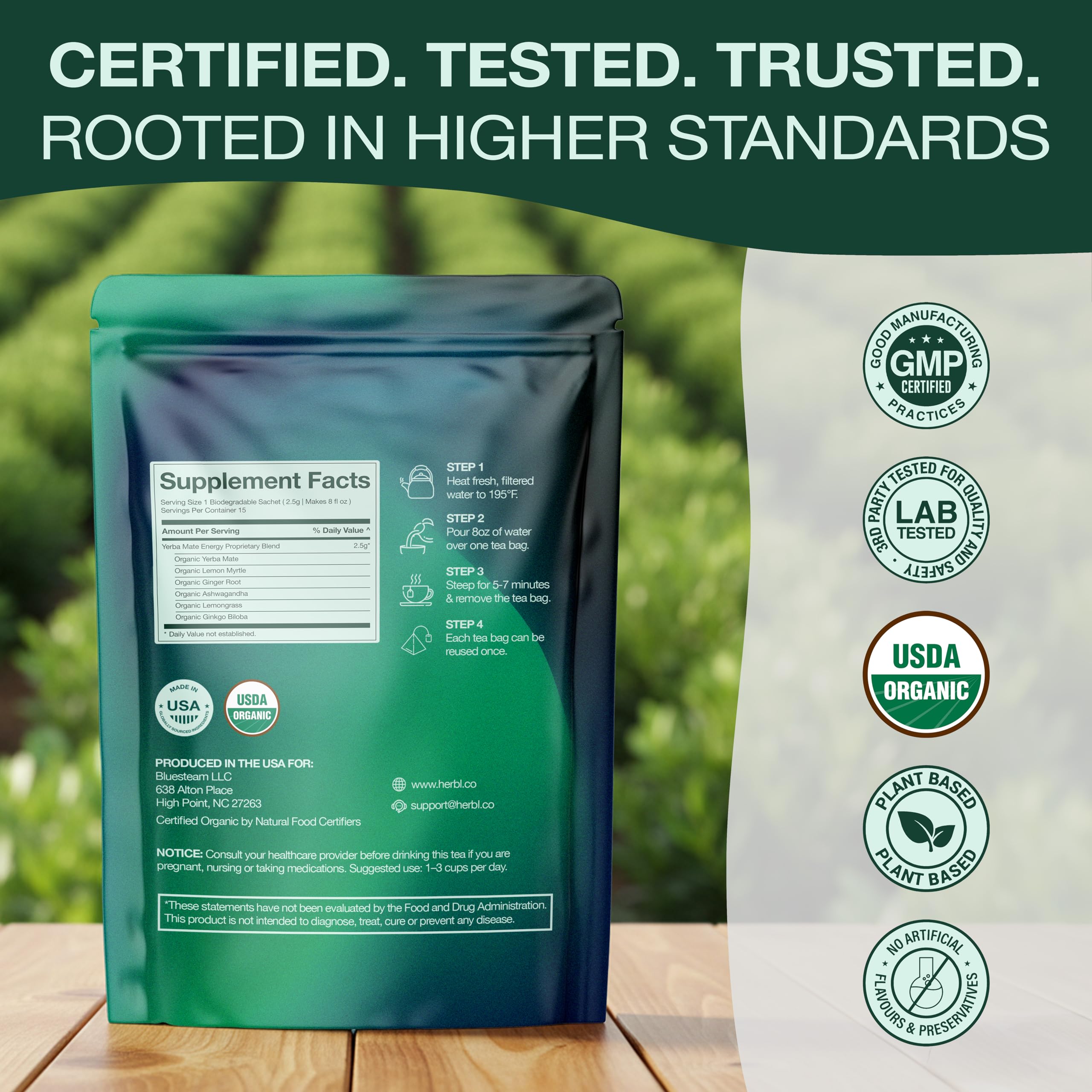 herbl ingredients laydown showing yerba mate and herbs for ingredient clarity