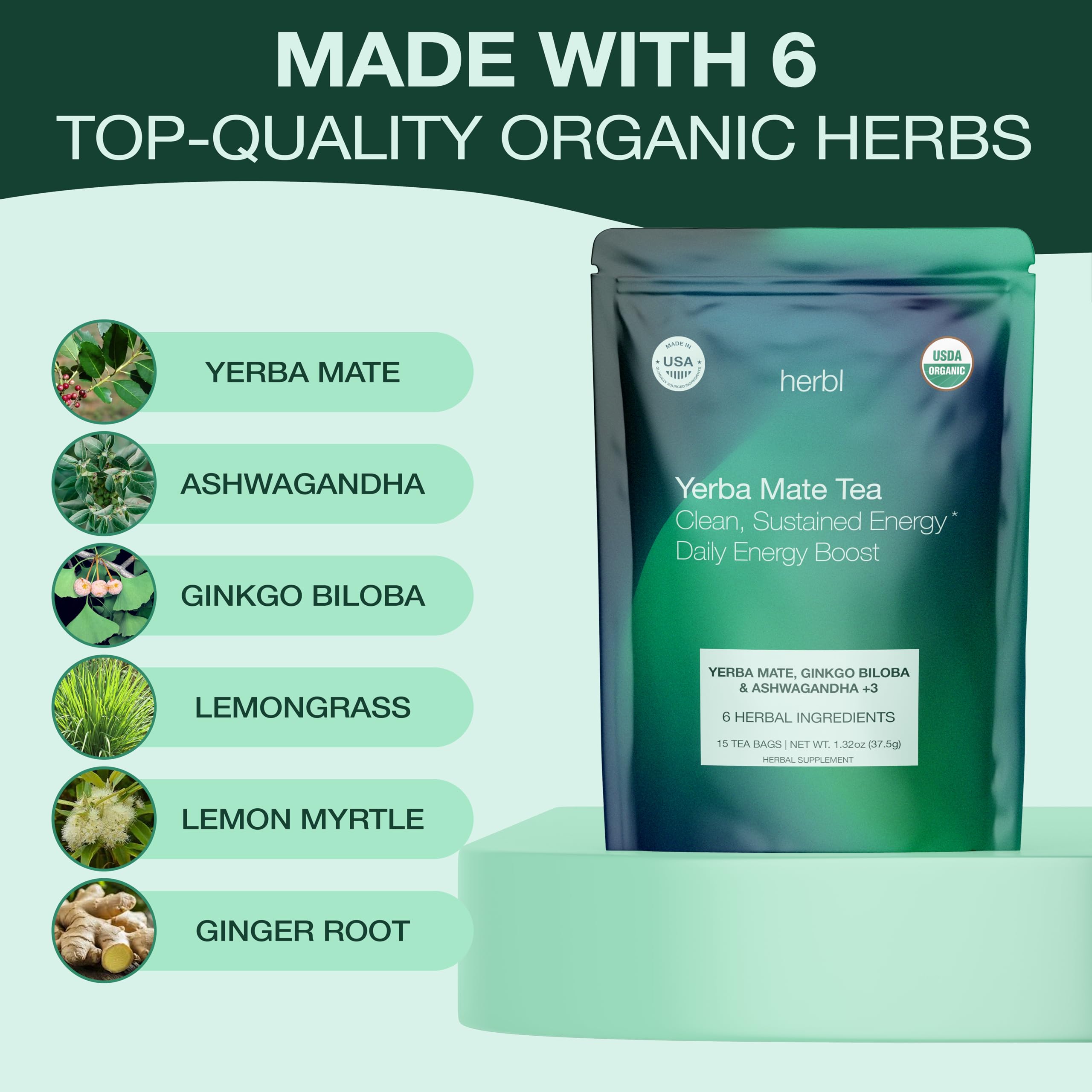 herbl pyramid tea bag close-up showing whole-leaf expansion and richer infusion