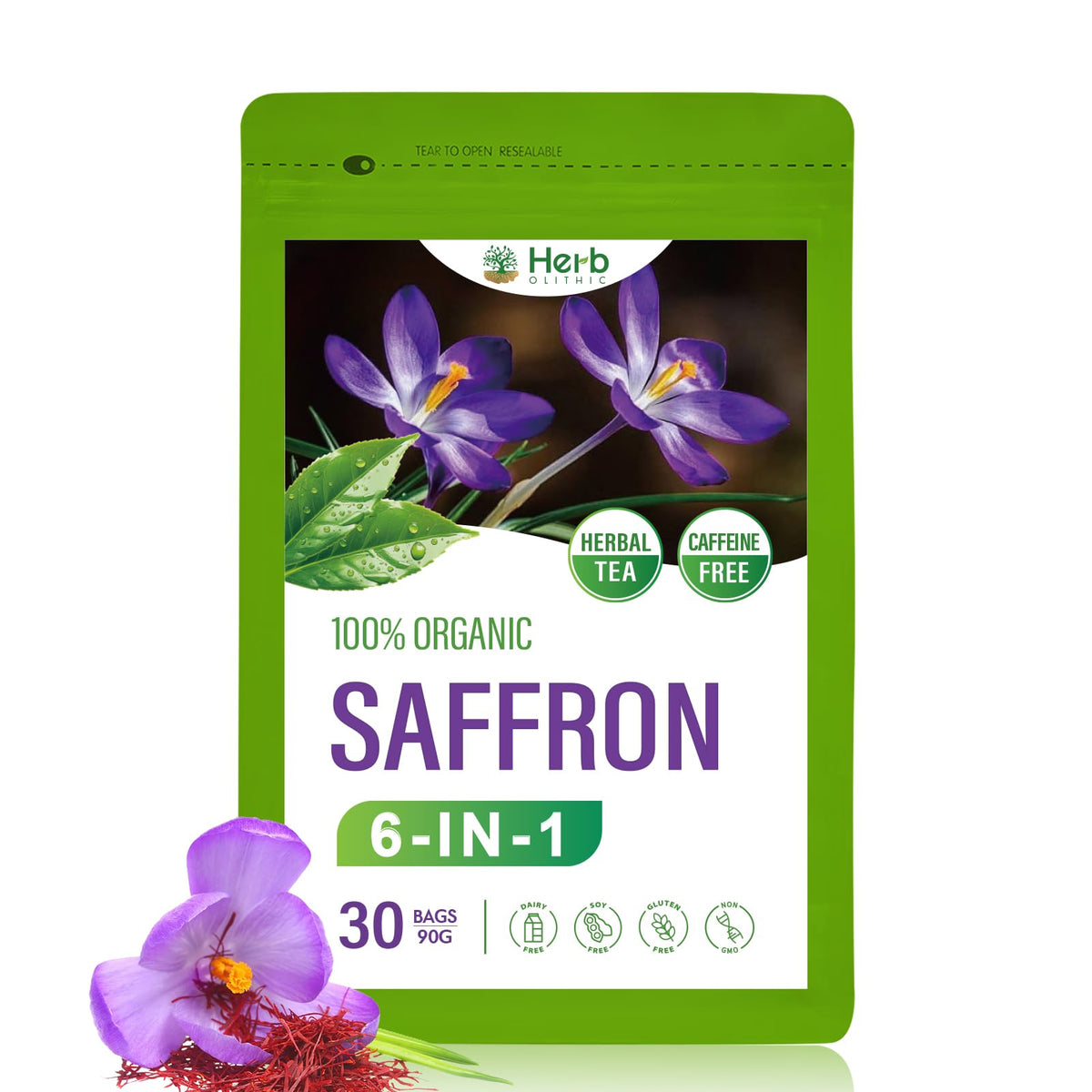 HerbOLITHIC front packaging showing 30 tea bags and calming design benefits