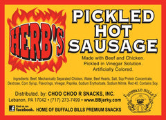 Herb's sliced pickled sausages on serving board showing tangy texture and pairing ideas
