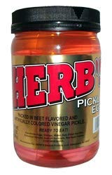 Herbs pickled eggs jar front label showing ready-to-eat tangy snack