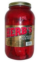 Herb's jar front view displaying pickled pigs' feet and clear brine for easy serving