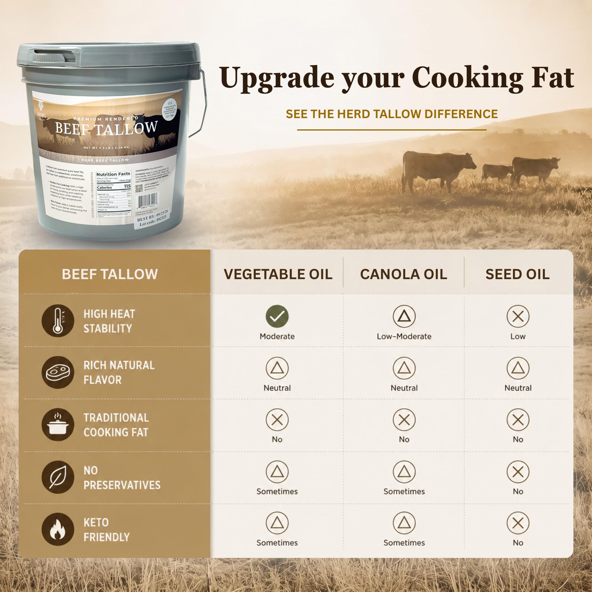 Herd Tallow used in a deep fry pan producing crisp fried food benefit