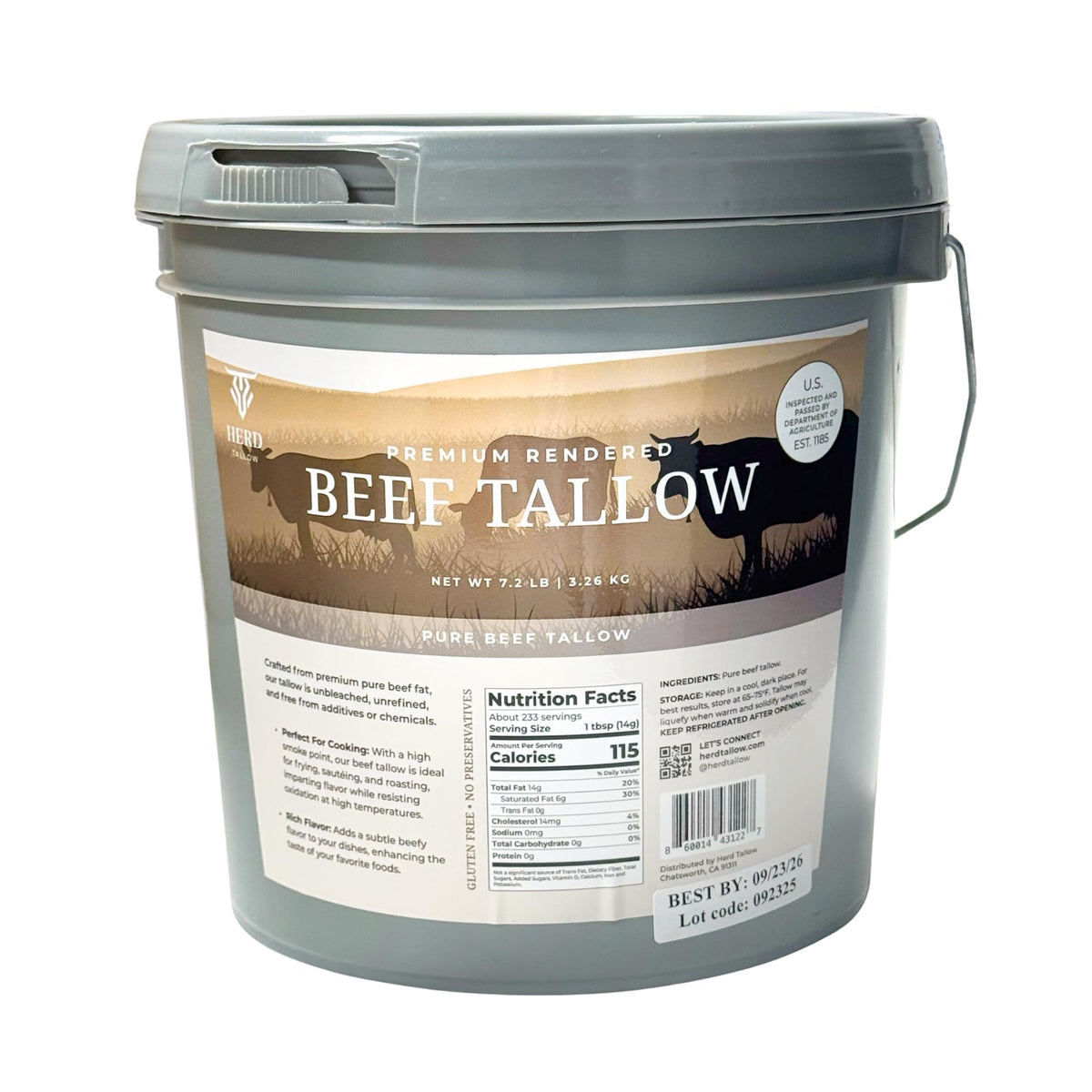 Herd Tallow front bucket showing packaging and large supply benefit