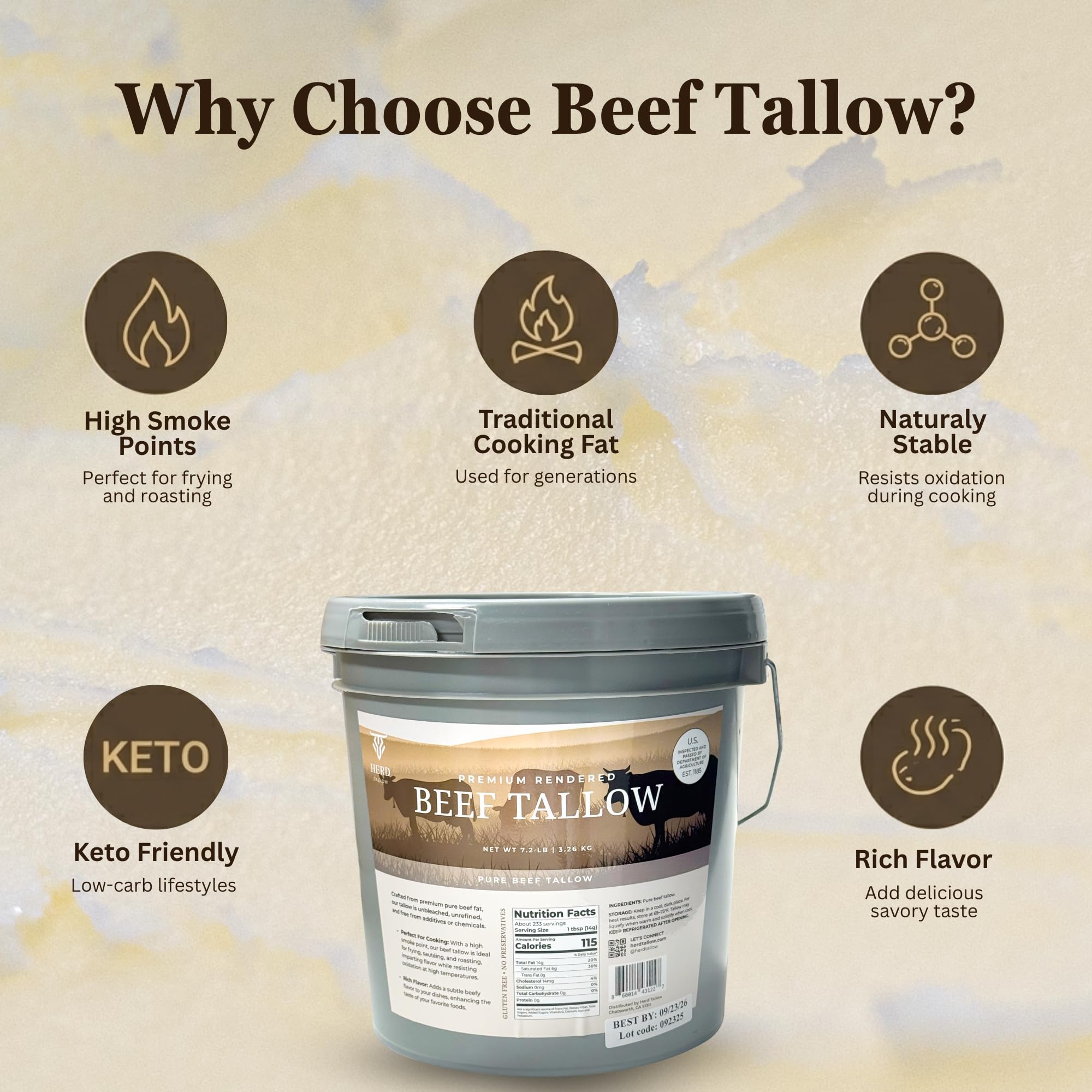 Herd Tallow label closeup showing USDA inspected source and trust benefit