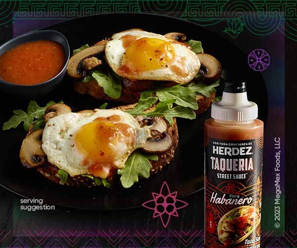Herdez pack next to a plate to show 9oz bottle scale and portion convenience