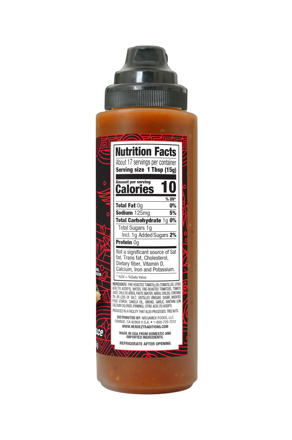 Herdez Roja bottle nozzle closeup highlighting easy squeeze dispensing and control