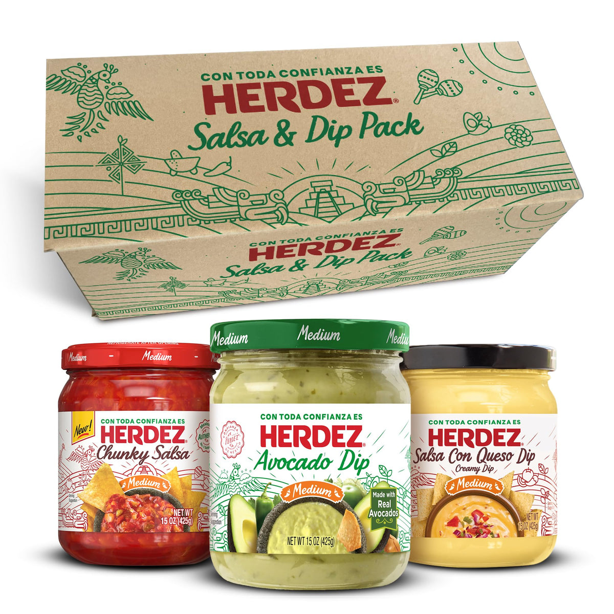 Herdez three-pack front view showing all three dips and easy serving