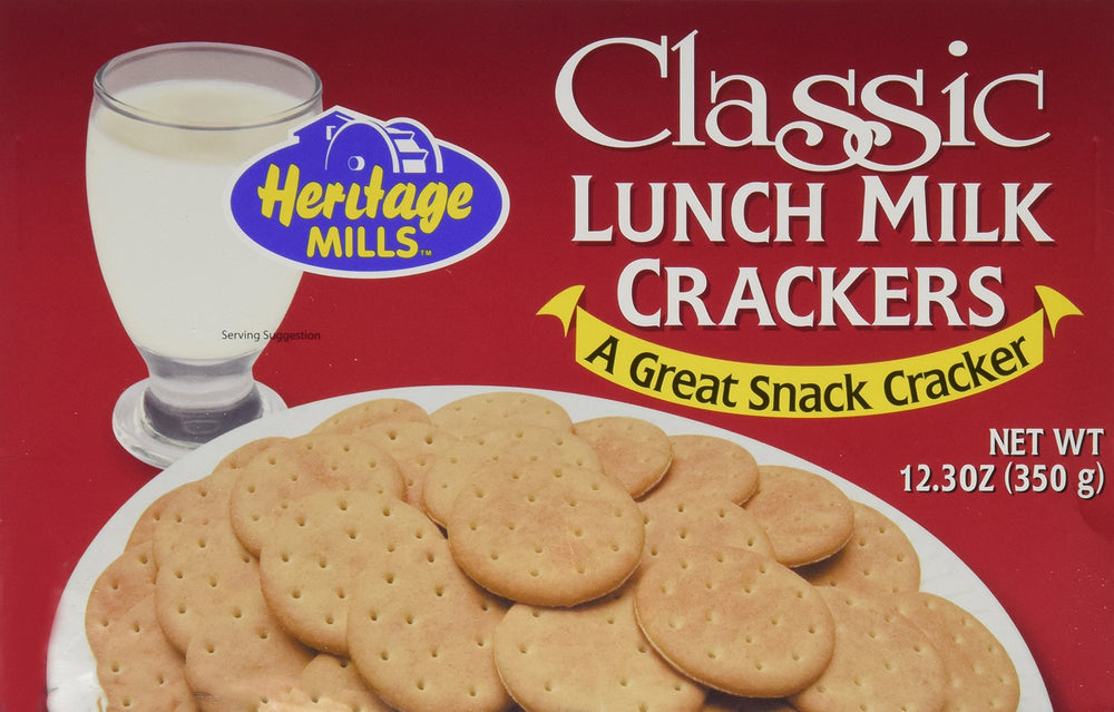 Heritage Mills front packaging showing crackers and nostalgic snack appeal