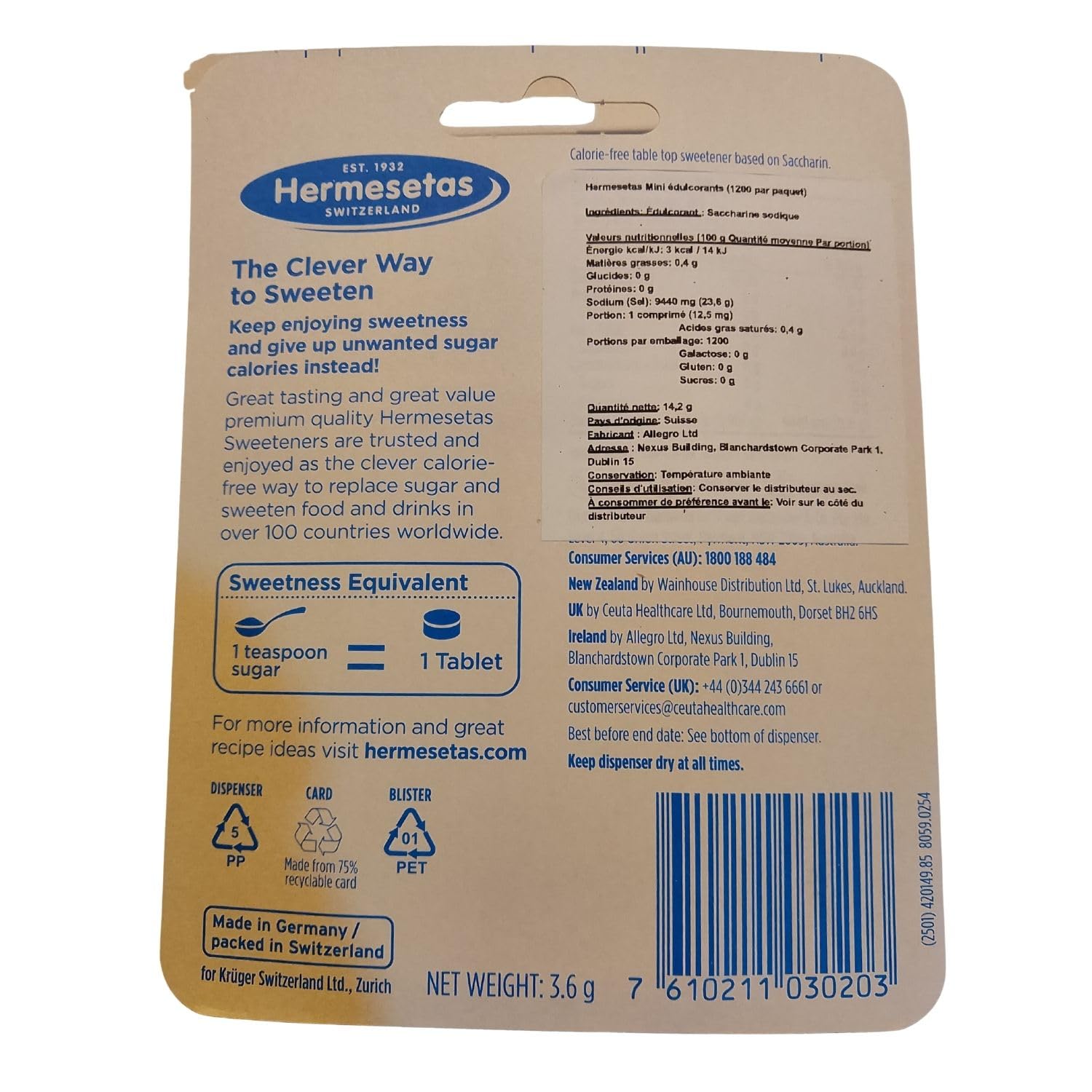 Hermesetas open tub with individually wrapped mini sweetener tablets for hygienic dispensing