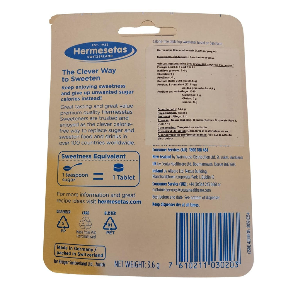 Hermesetas open tub with individually wrapped mini sweetener tablets for hygienic dispensing