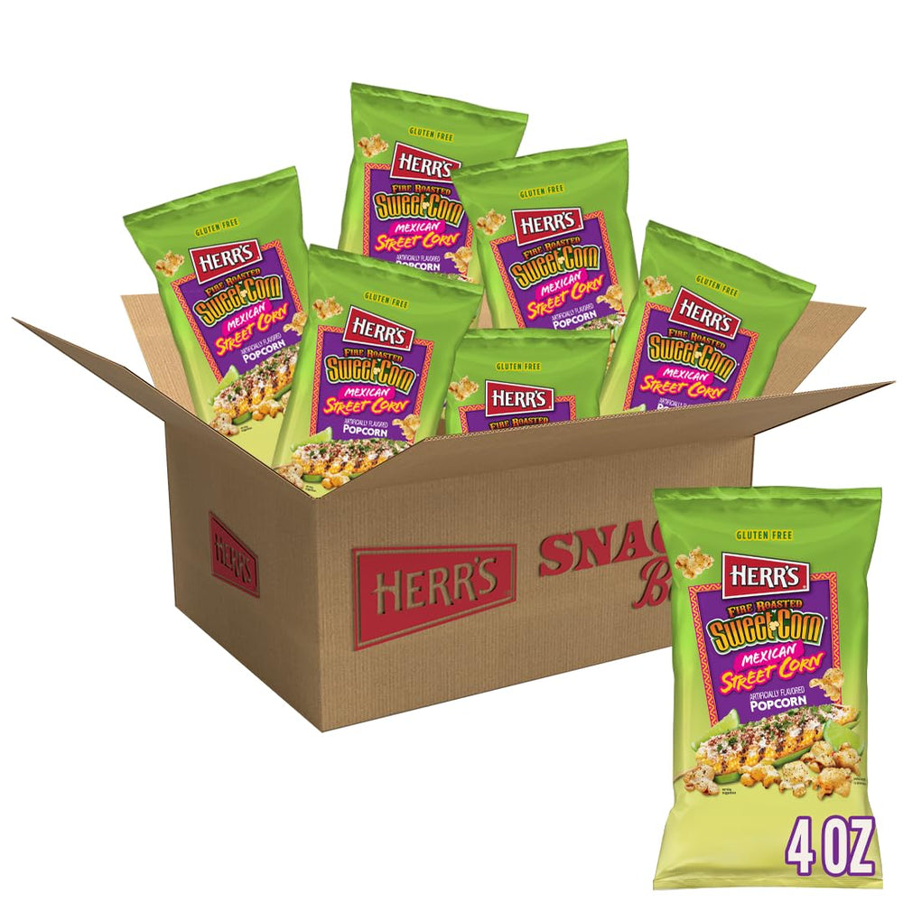 Herr's front packaging showing fire roasted sweet corn flavor and bold branding, easy grab-and-go