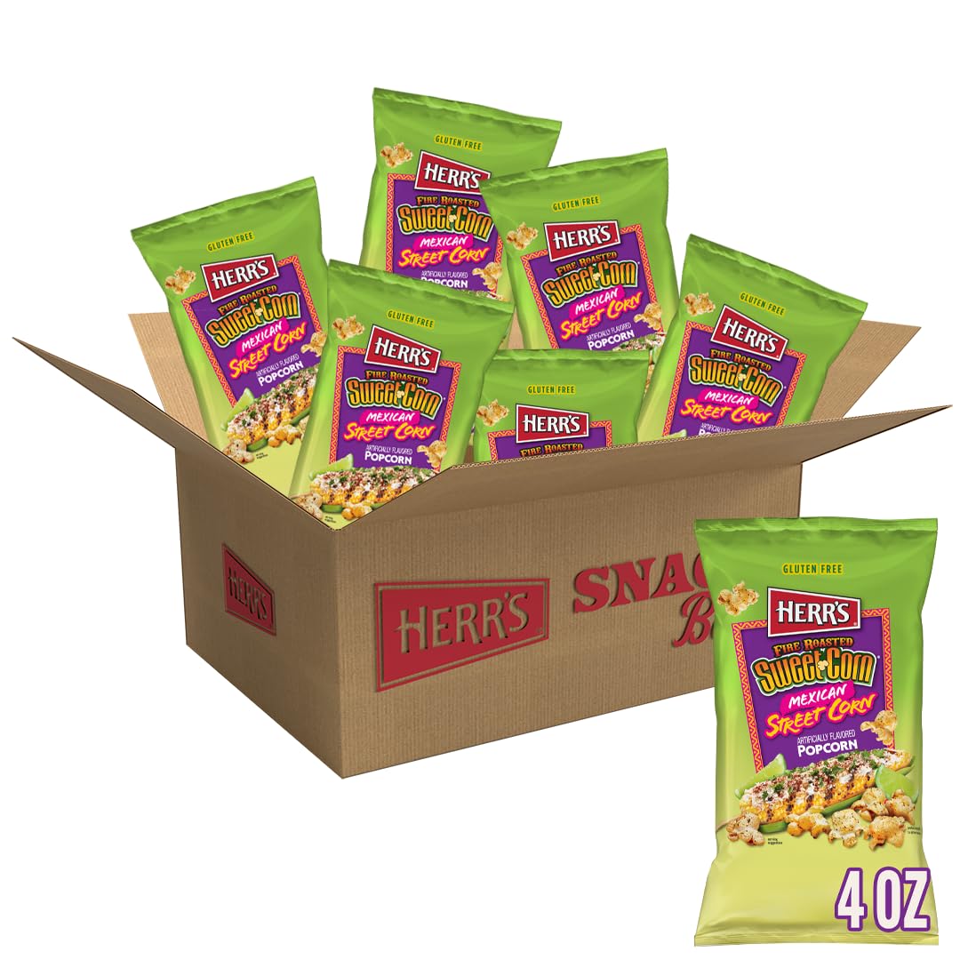 Herr's front packaging showing fire roasted sweet corn flavor and bold branding, easy grab-and-go