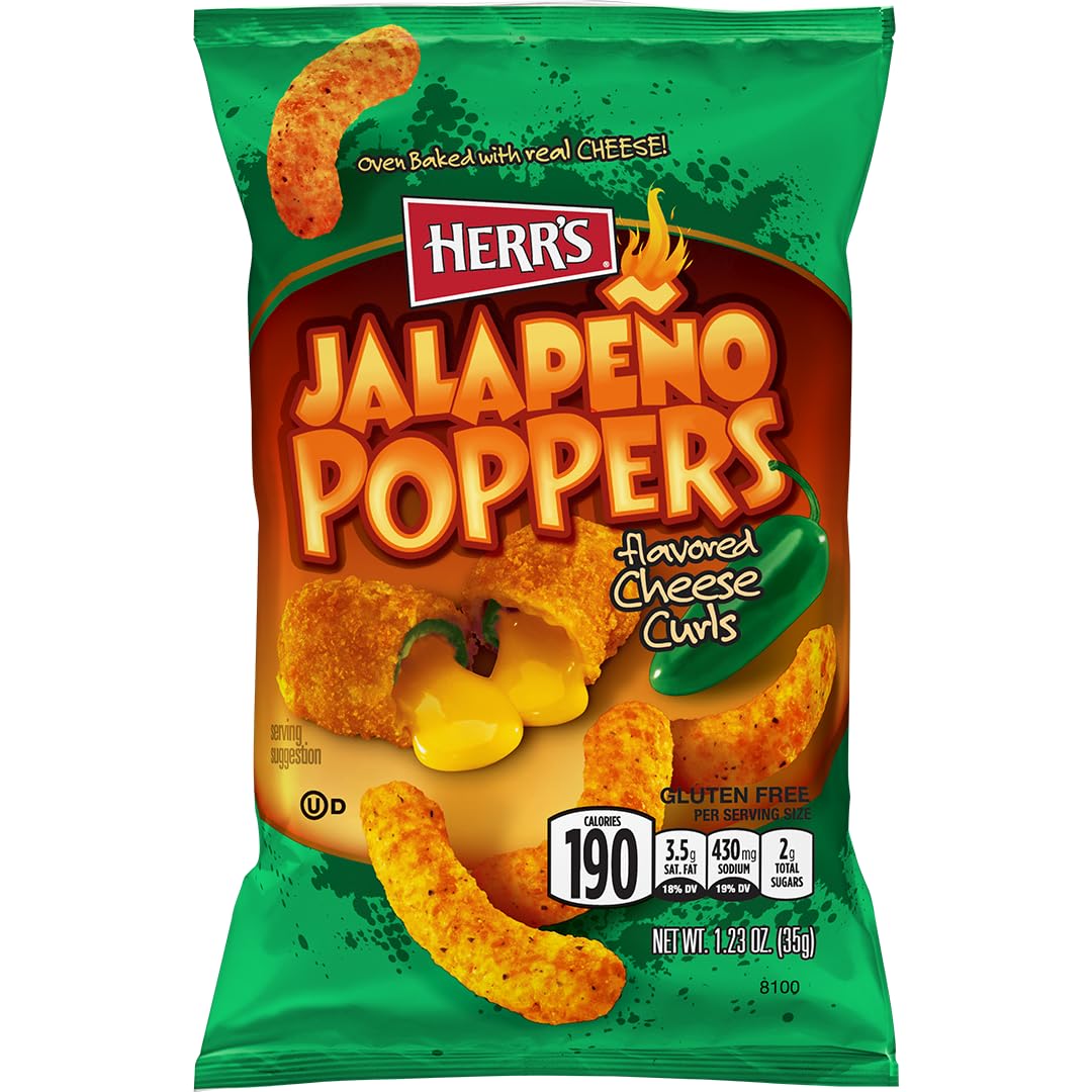 Herr's open bag with cheese curls spilling out and crisp texture visible