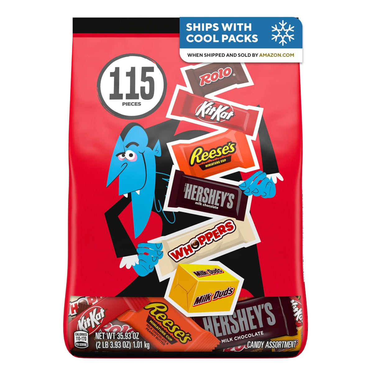 HERSHEY'S front packaging showing mixed chocolates and count benefits