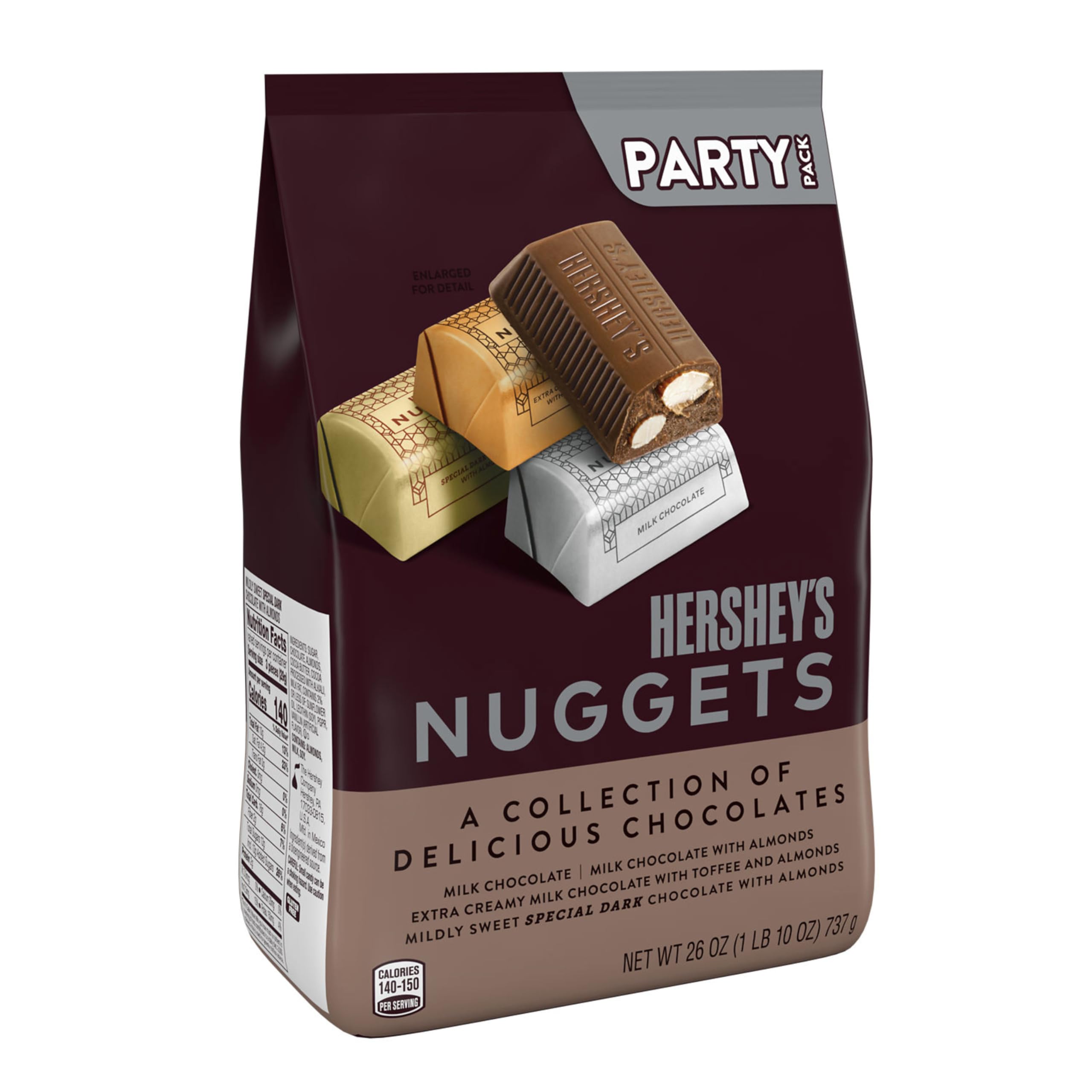 HERSHEY'S NUGGETS foil-wrapped close-up showing colorful wrappers, hygienic portioning