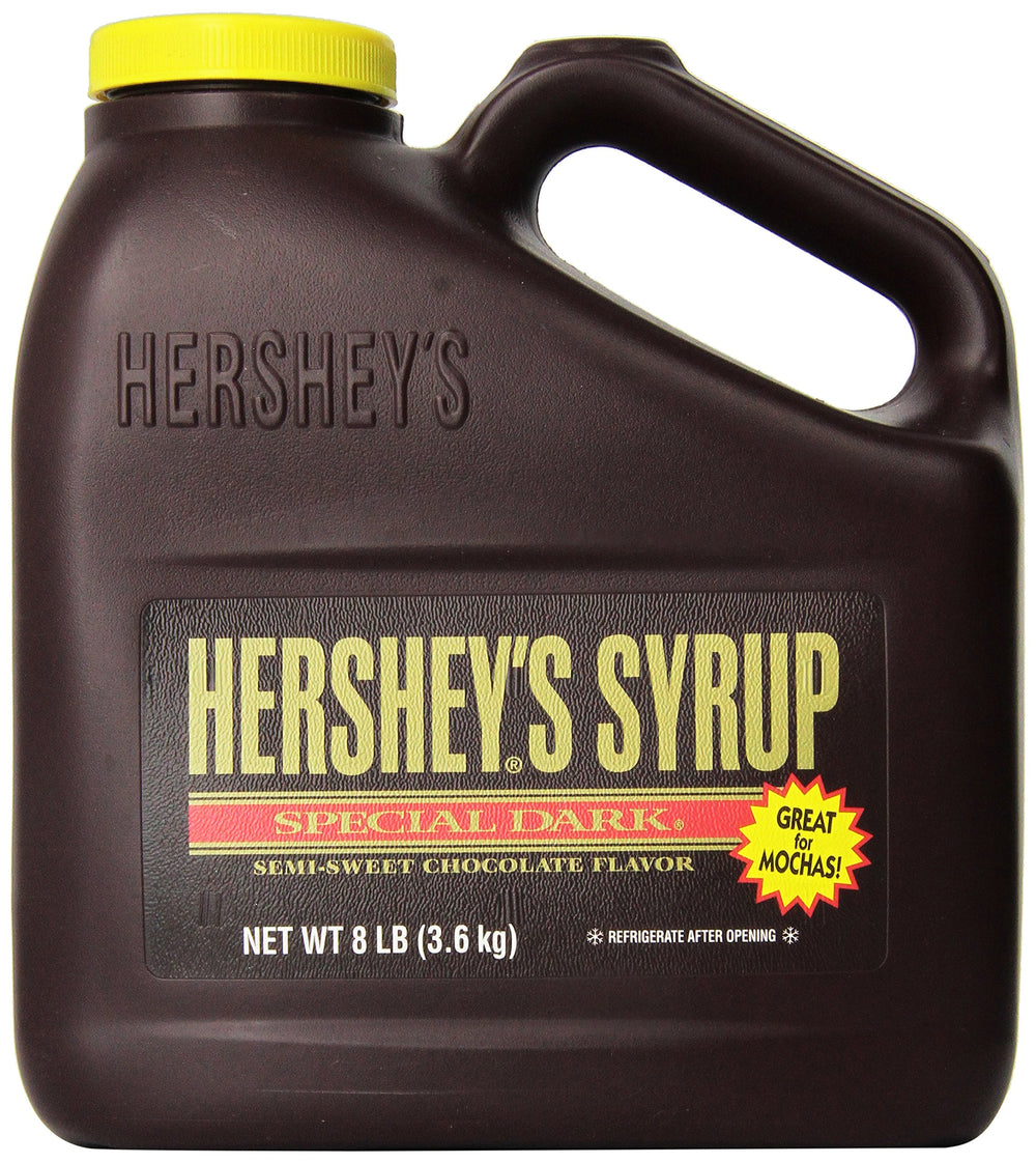 Hershey's Special Dark 8-pound bottle front view shows label and serving use