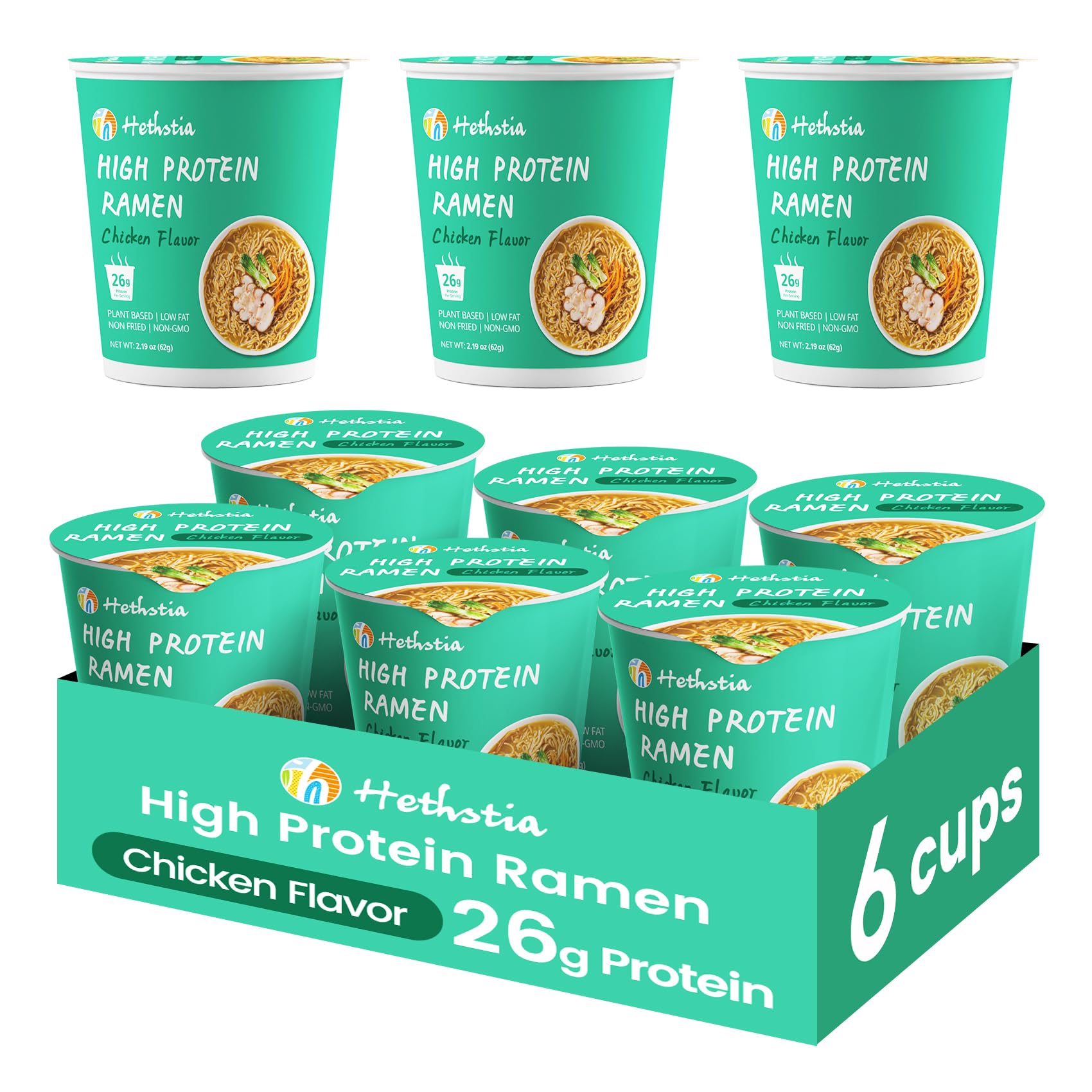 Hethstia front packaging showing chicken-style cup and bold protein claim
