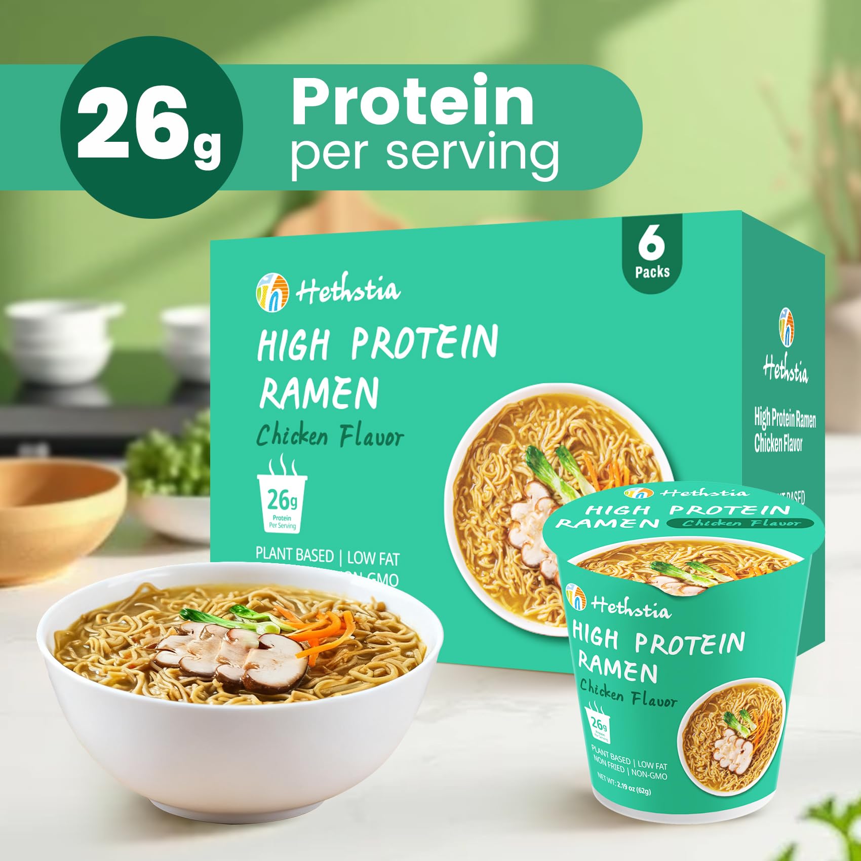 Close-up of Hethstia noodle texture highlighting non-fried, lower-fat noodles