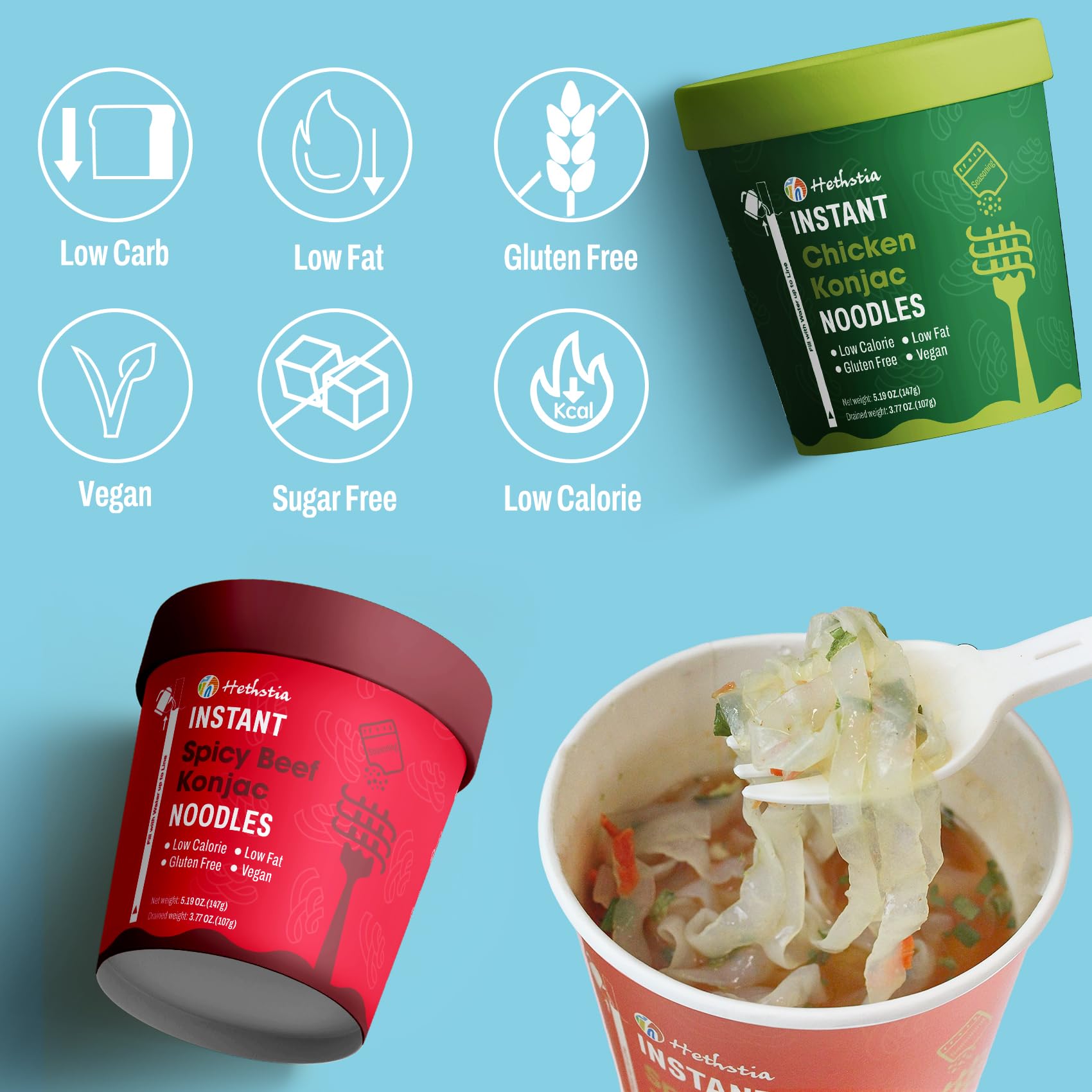 Hethstia open cup displaying noodles and broth ready to eat