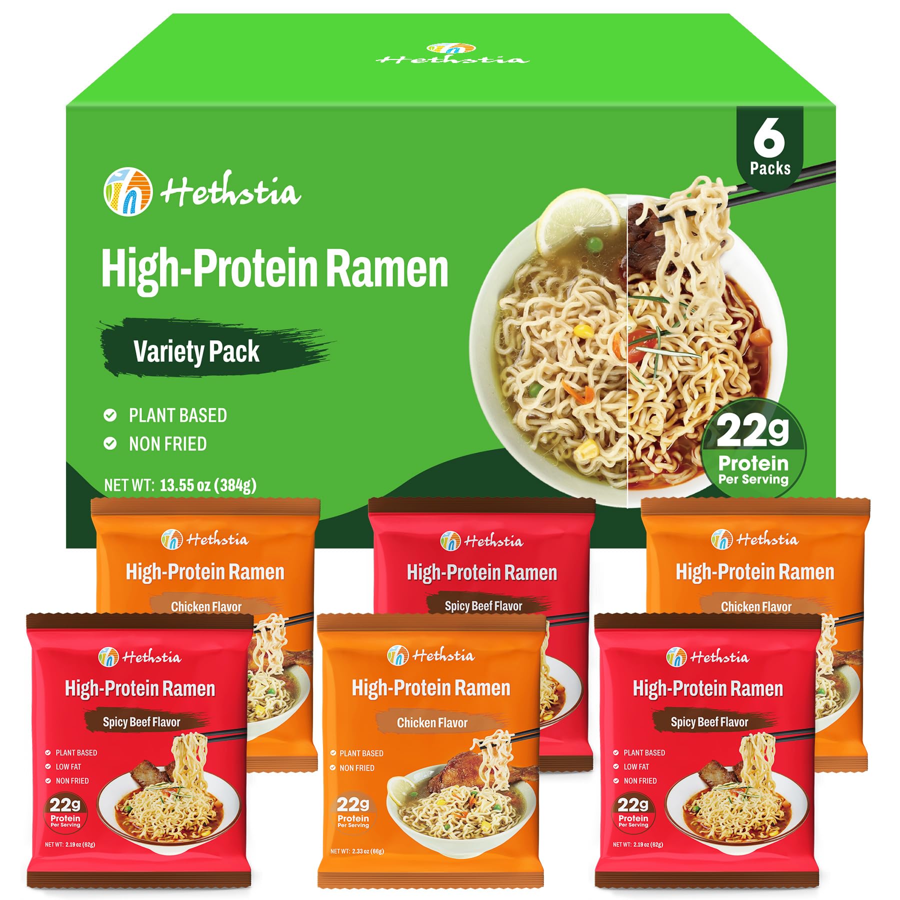 Hethstia front packaging showing six plant-based ramen servings and variety